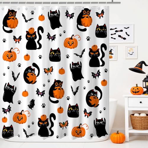 Halloween Shower Curtain Black Cat Pumpkin Ghost Waterproof Fabric 72x72 Inch