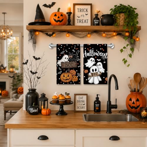 Halloween Ghost Pumpkin Kitchen Towels Set of 2 - Absorbent Dish & Hand Towels
