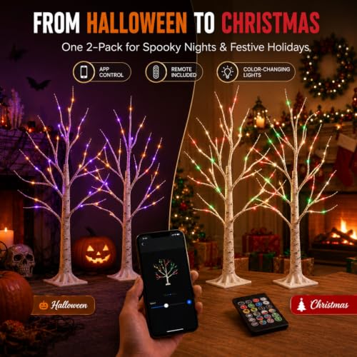 2FT RGB Lighted Birch Trees Set - App & Remote Control, 2 Pack