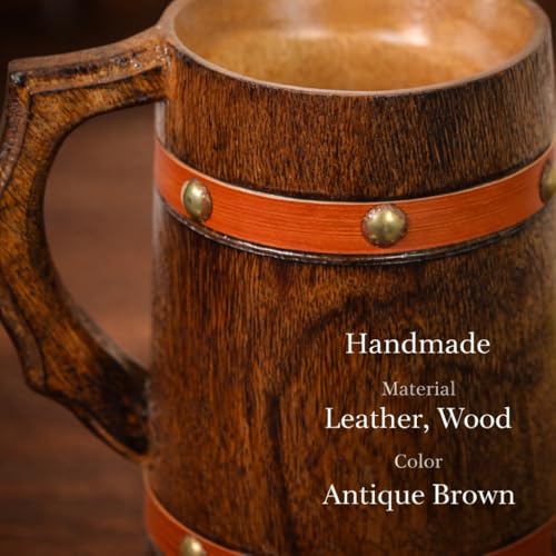 Rustic Wooden Beer Mug with Orange Leather Strap - Handmade Viking Steinkrug for Coffee Tea Ale