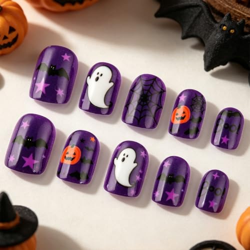 Halloween Short Square Press On Nails Set - Black Purple Ghost Pumpkin Bat Style85