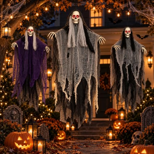 Halloween Outdoor Decorations Set with Glowing Skeleton Ghosts - Spooky Hanging Figures, 3 Pack