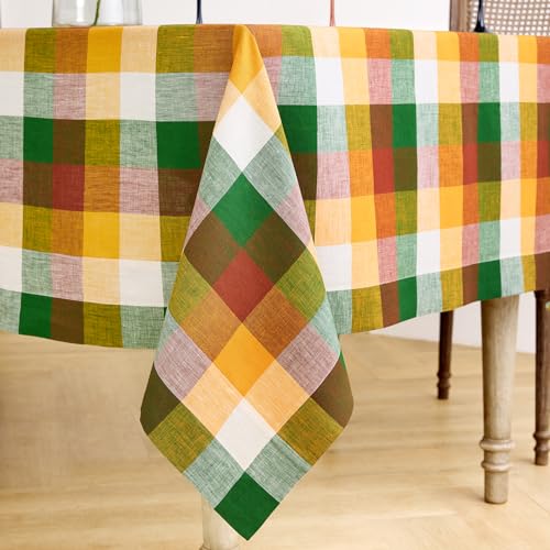 Fall Check Linen Tablecloth 60 x 144 Inches - Pure European Flax