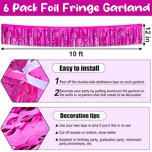 Rose Red Foil Fringe Garland - 6 Pack 10ft Metallic Tinsel Streamers for Party Decor