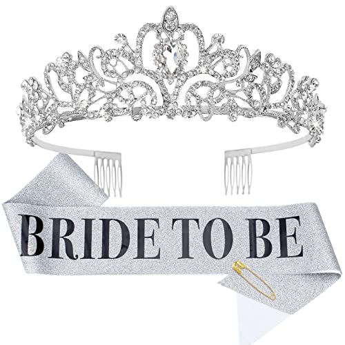 Bride To Be Sash & Crystal Crown Set - Silver Wedding & Bridal Shower Accessories - Style 2
