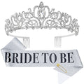 Bride To Be Sash & Crystal Crown Set - Silver Wedding & Bridal Shower Accessories - Style 2