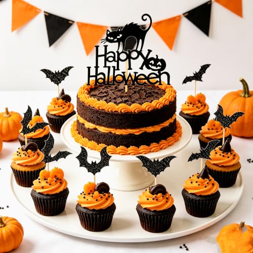 Halloween Cupcake Toppers Black Bat & Cat Style Set - 25 Pieces, Style-2