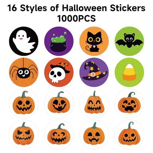 Halloween Stickers Bulk - 1000pcs 1.5 Inch Cute Ghost Pumpkin Spider Design with Variation Pumpkin Spider