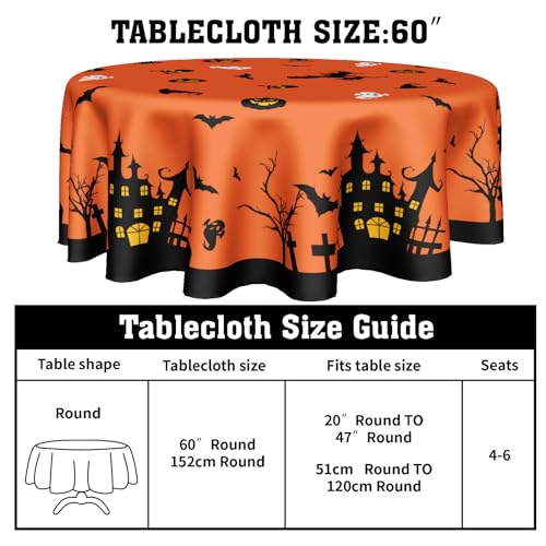 Halloween Round Tablecloth 60 Inch Orange with Haunted House & Bats - Fall Leaves Variation