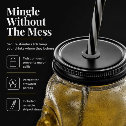 16oz Skull Mason Jar Mug Set with Cover and Straw - Spooky Drinkware