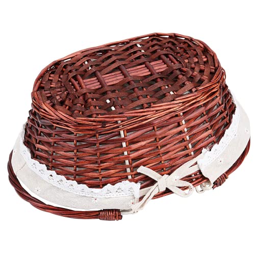 14 Inch Brown Wicker Woven Basket with Linen Lining & Handles - Gift, Picnic, Wedding Decor