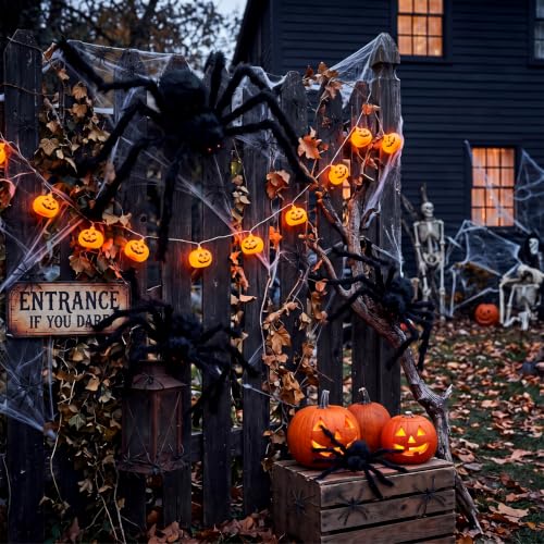 Halloween Giant Black Plush Spiders Set with Cobwebs and Small Plastic Spiders - Outdoor Yard Decorations