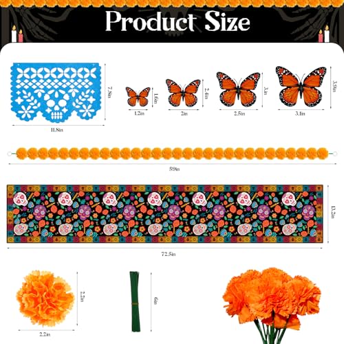 Dia De Los Muertos Decorations Set No Lights with Marigolds Papel Picado Butterflies & Table Runner
