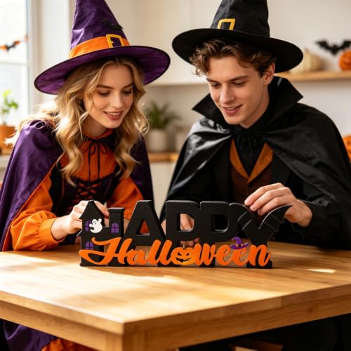 Wooden Halloween Table Decorations - Spooky Pumpkin Ghost Festive Centerpiece