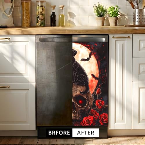 Halloween Dog Skull Dishwasher Magnet Cover - 23x26 Inch Kitchen Decor, Magnetic Refrigerator Sticker - Variation: Skull Dog