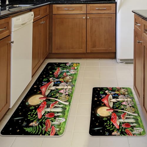 Mushroom Kitchen Rug Set of 2 - Rectangular 17x29 + 17x47 Inches, Non-Slip, Washable