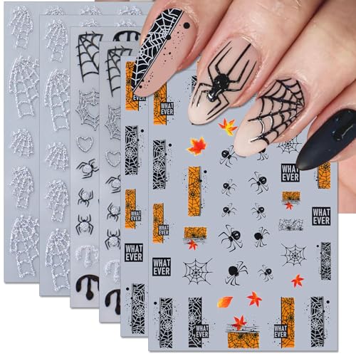 Halloween Nail Art Stickers - Silver Glitter Spider & Web Decals, 6 Sheets