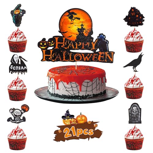 Halloween Cupcake Toppers 21-Pack Castle Tombstone Ghost Cake Decorations
