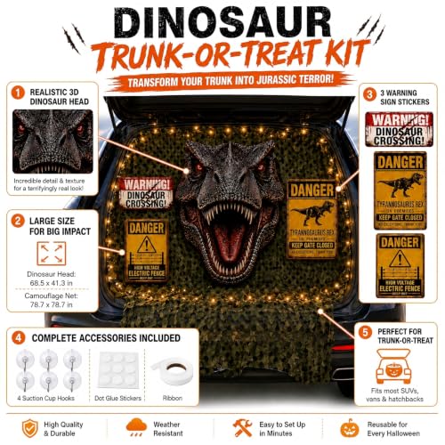 Dinosaur Trunk or Treat Decorations Kit Halloween Jungle Safari Car Garage Set with Backdrop
