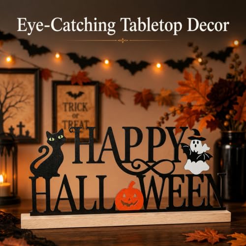 Halloween Table Decorations - Metal Happy Halloween Sign with Ghost Pumpkin Bat - Happy Halloween Variation