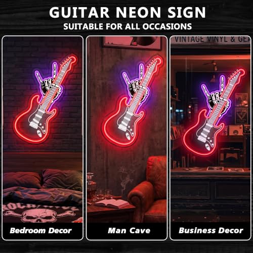 Red Guitar Neon Sign with Rock Hand - USB Powered LED Wall Decor for Music Rooms