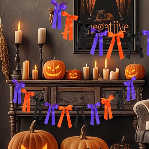 Halloween Bow Garland with Bats - Black, Orange, Purple 6Ft Party Decor