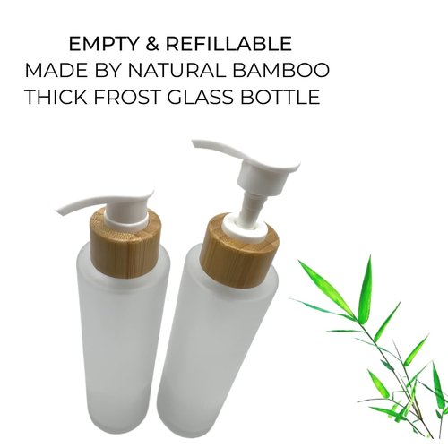 2PCS 150ML/5oz Empty Refillable Frosted Glass Pump Bottles Container Holder Vials Pot Storage with Bamboo Screw Pump Head for Bath Shower Shampoo Hair-Conditioner Cleanser Makeup Liquids