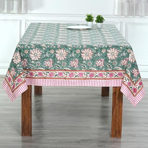 Viridian Green Hand Block Print Cotton Tablecloth 190x72 Inch - Rustic & Elegant Dining Cover