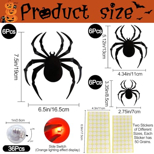 Halloween Wall Decor 3D LED Bats & Spiders Wall Stickers - 36 Pcs with Lights & Reusable Tape - Variation: 18 Bats + 18 Spiders