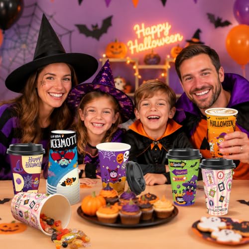Halloween Disposable Coffee Cups 16oz with Lids - 48 Pack, Spooky Designs