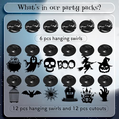 Halloween Hanging Swirls - Black Spooky Ghost Claw Bat Pumpkin Decor 30Pcs - Halloween Black Variation