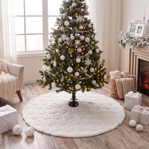 48 Inch Fall Tree Skirt Cream White Plush with 3D Pumpkins - Seasonal Decor