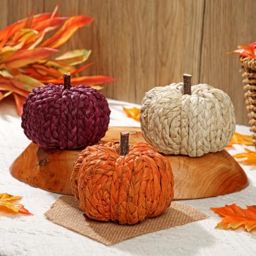 Fall Pumpkin Decor Set - 3 Woven Rattan Artificial Pumpkins for Autumn Home Decoration - White, Orange, Red