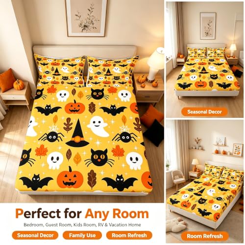 Halloween Queen Fitted Sheet Set Cartoon Pumpkin Lantern Ghost Bed Cover Variation of Multi 03
