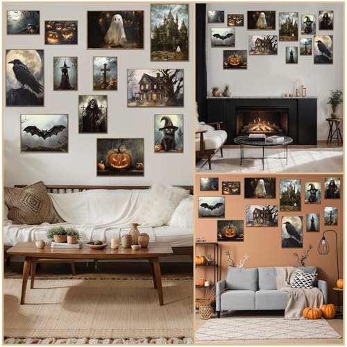 Gothic Halloween Wall Art Set - 12 Retro Spooky Posters for Home Decor
