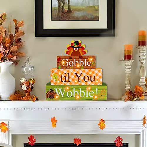 Thanksgiving Wooden Block Sign with LED Lights - Gobble Til You Wobble Turkey Decor - Fall Farmhouse Tabletop Sign - Variation: Thanksgiving 1