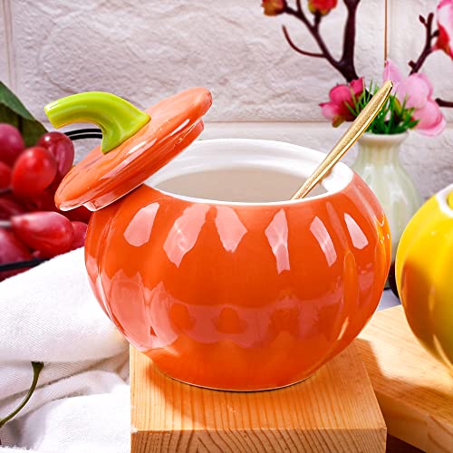 Orange Pumpkin-Shaped Ceramic Sugar Bowl with Lid and Spoon - 300 ML
