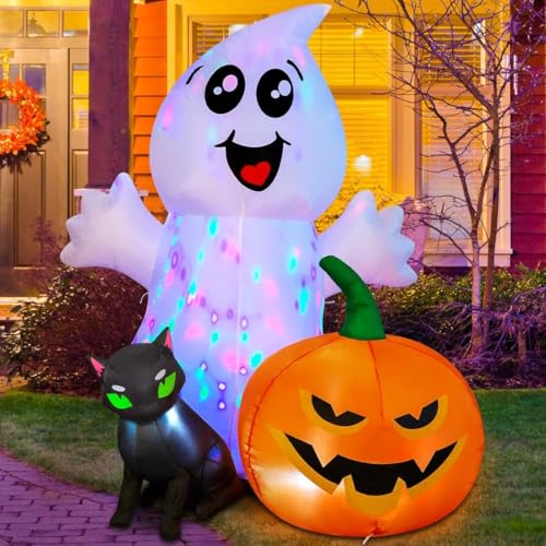 5FT Inflatable Ghost with Black Cat and Pumpkin Halloween Yard Decoration with LEDs