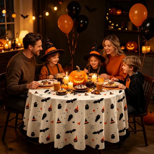 Halloween Tablecloth 3 Pack Round 84 Inch Leakproof Plastic Table Covers - Pumpkin Ghost Variation