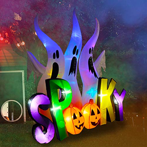 Inflatable White Ghost Family Halloween Decoration with Spooky Sign - Indoor Outdoor LED Blowup Lighted Decor