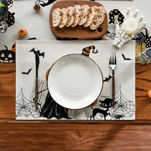 Ghost Spider Web Halloween Placemats Set of 6 - 12x18 Inches Rectangular Black & Beige