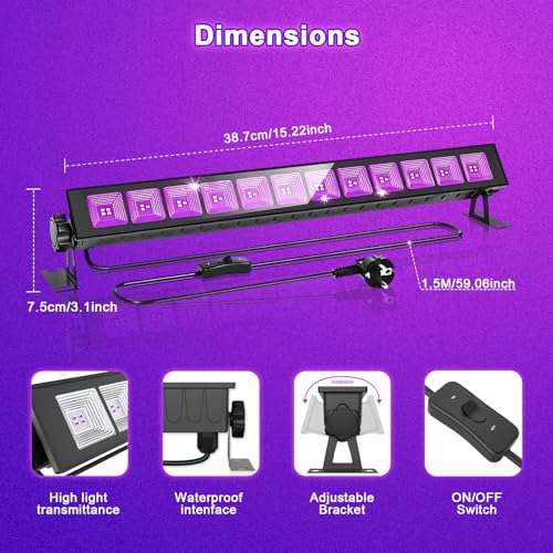 CREATESTAR 2 Pack Purple LED Black Light Bar 45W Waterproof for Glow Parties
