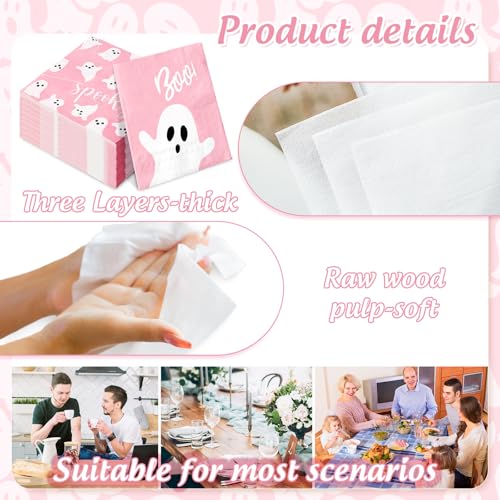 Pink Ghost Halloween Paper Napkins - 100 Pack Disposable Party Tableware