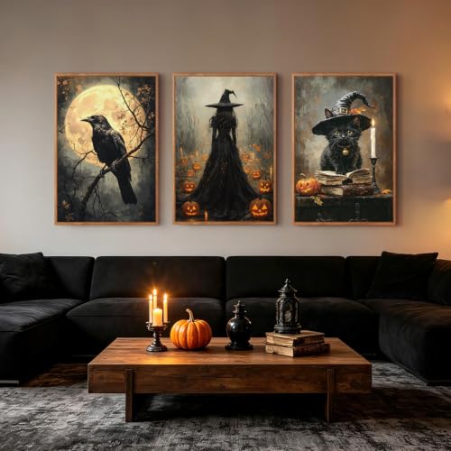 Halloween Wall Art Set - Dark Witch & Black Cat Gothic Prints 24x36 Inches - Variation of Dark Halloween