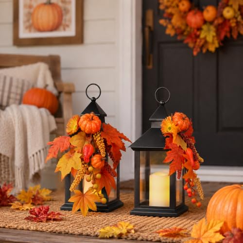 Fall Lanterns Decorative Indoor & Outdoor 14-Inch Black Set with Flameless Candles - 2 Pack