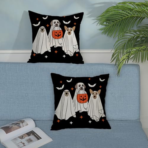Halloween Pillow Covers 18x18 Pack of 2 - Black Beige Dog & Bat Decor