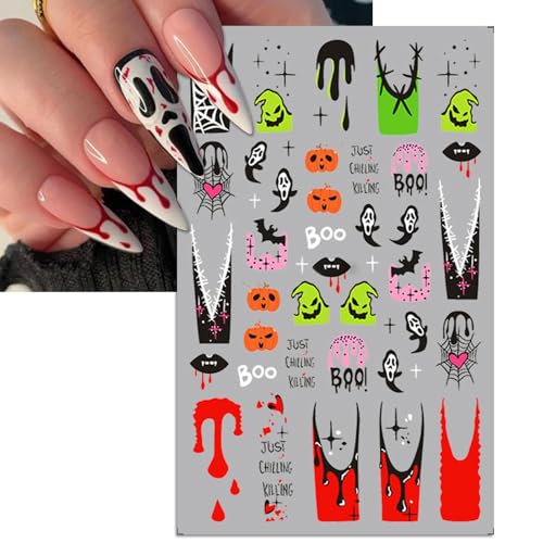 Halloween Nail Art Stickers Mix - Gradient Pumpkin Horror Mask Spider Web Design, 3D Self-Adhesive Decals, 5 Sheets