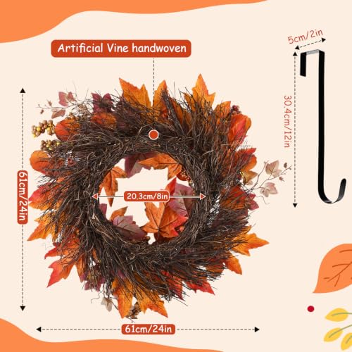 24 Inch Fall Pumpkin Wreath with Hanger - Autumn Harvest Door Decor