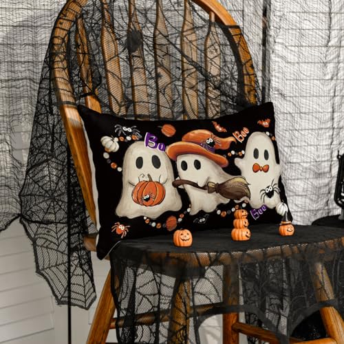 Halloween Ghost Wizard Throw Pillow Cover 12x20 Black Spooky Bat Pumpkin Cushion Case