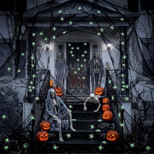 Simgoing Halloween Spider Webs Set with 200 Glow-in-the-Dark Spiders - Black / 204 Variation